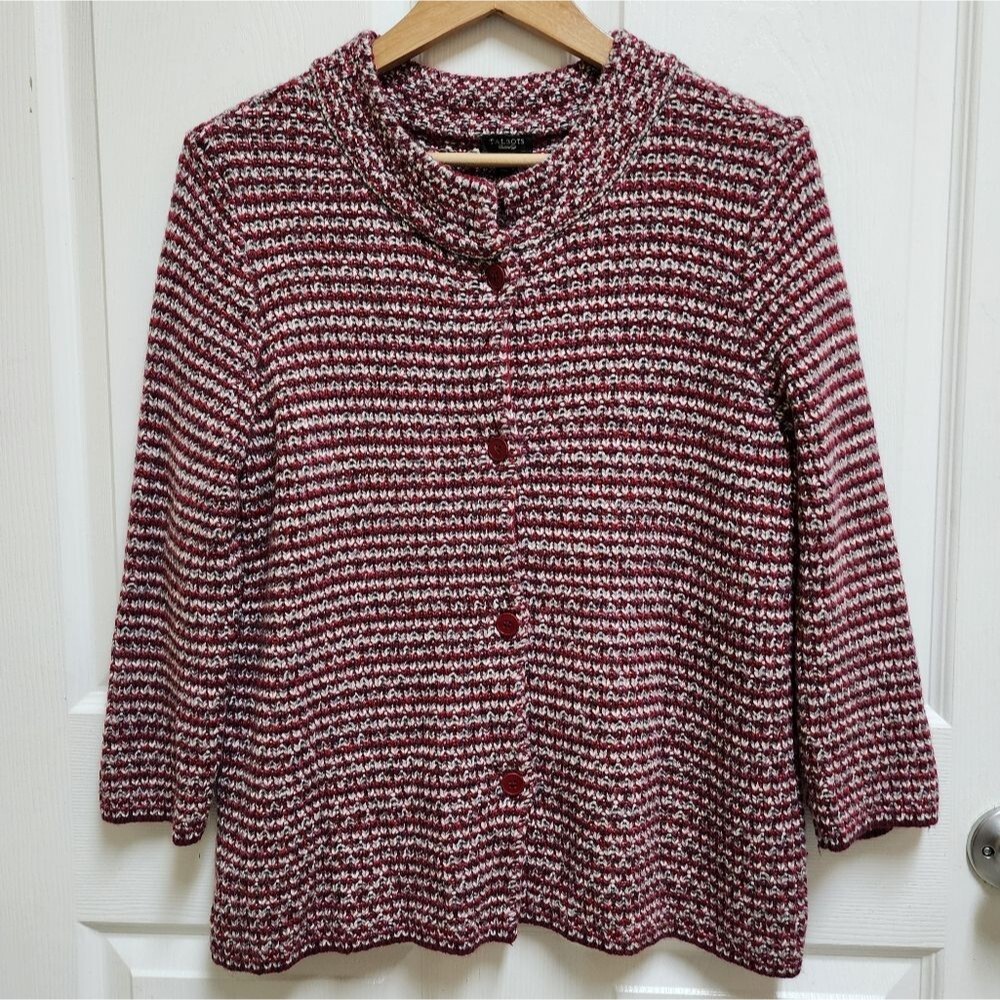 Talbots Sweater Womens L Red Gray Angora Blend Knit Button Cardigan Chunky Soft
